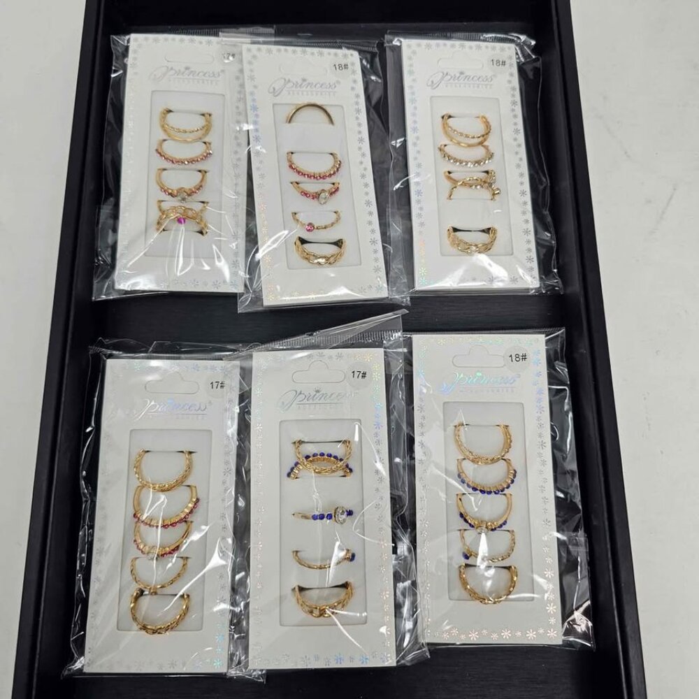 Wholesale 6 Sets of Rings Gold Toned Pink Blue Clear NWT Total 30 Rings